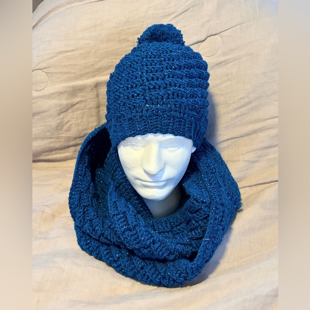 Handmade Sparkle  Crochet Beanie & Infinity Scarf Set - Deep Sparkly Teal Blue